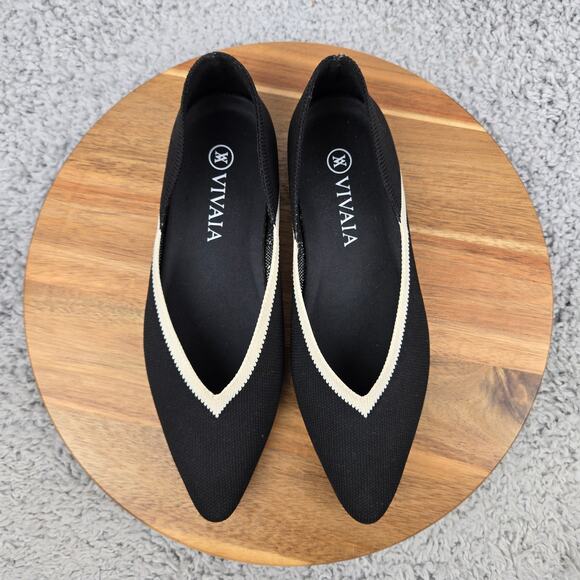 Vivaia Women 37.5 Vienna Black White Pointed Toe V Cut Casual Daily Ballet Flats - Picture 6 of 15